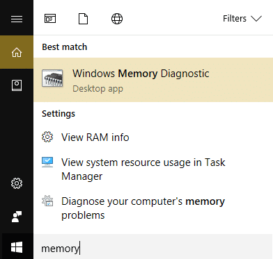 escriba memoria en la búsqueda de Windows y haga clic en Diagnóstico de memoria de Windows