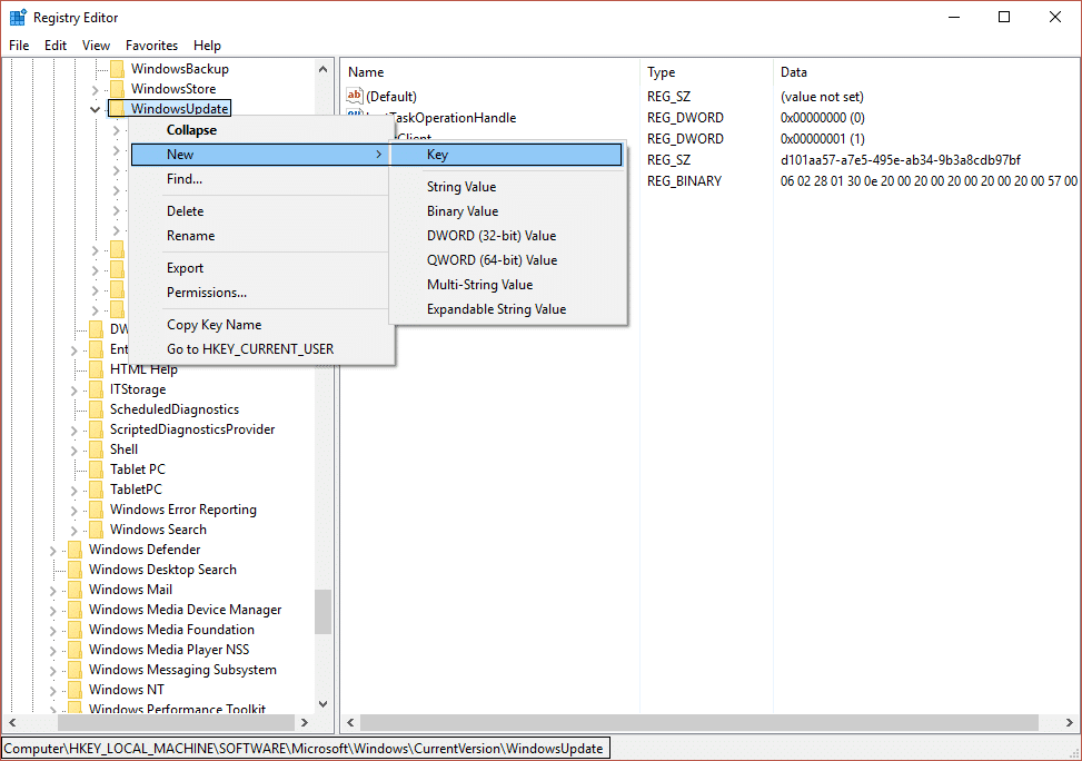 crear una nueva clave OSUpgrade en WindowsUpdate