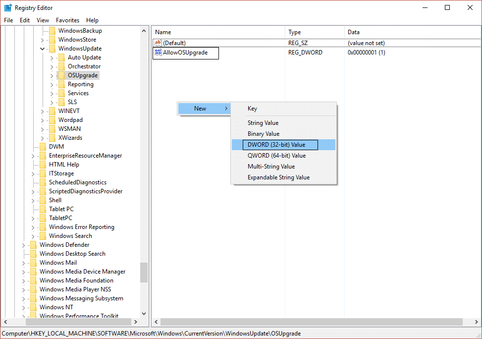 crear nueva clave allowOSUpgrade