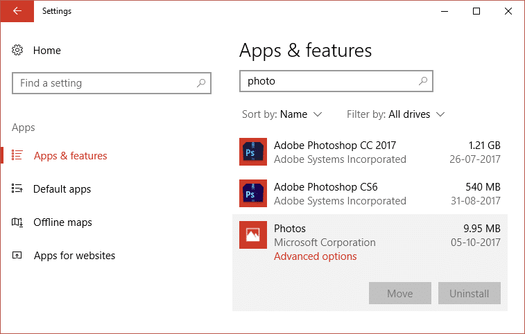 Escriba foto en aplicaciones y características y luego haga clic en Opciones avanzadas