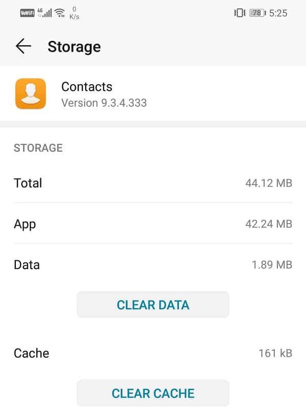 Ver las opciones para borrar datos y borrar caché |  Arreglar No se pueden abrir los contactos en el teléfono Android