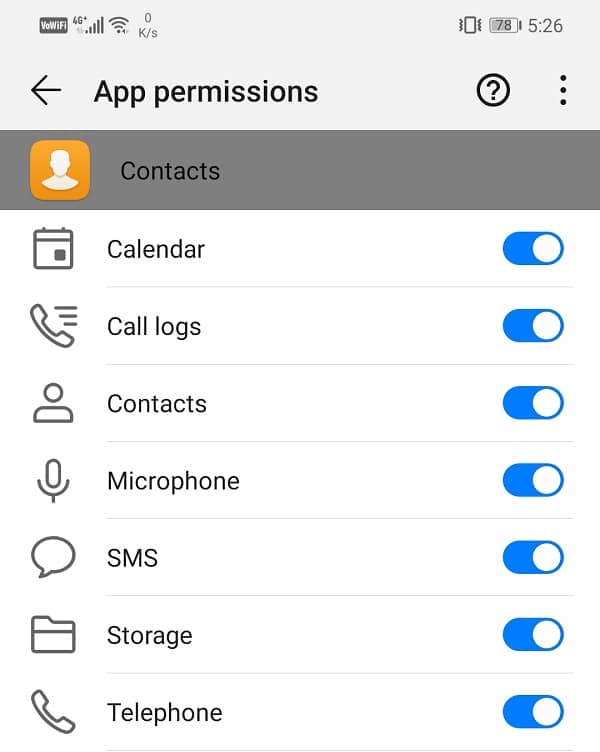 Asegúrese de que la palanca esté activada para la opción Contacto |  Arreglar No se pueden abrir los contactos en el teléfono Android