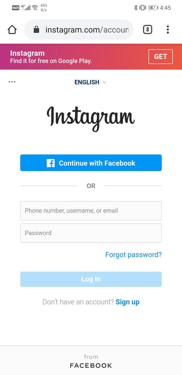 Abra la página de inicio de sesión de Instagram e inicie sesión con su nombre de usuario y contraseña