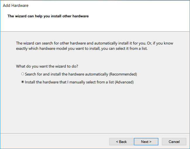 Seleccione Instalar el hardware que selecciono manualmente de una lista (Avanzado) y haga clic en Siguiente