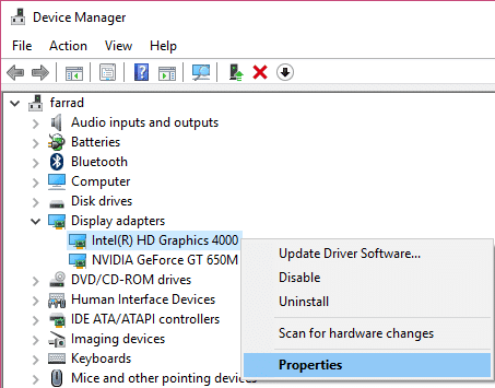 haga clic con el botón derecho en Intel(R) HD Graphics 4000 y seleccione Propiedades