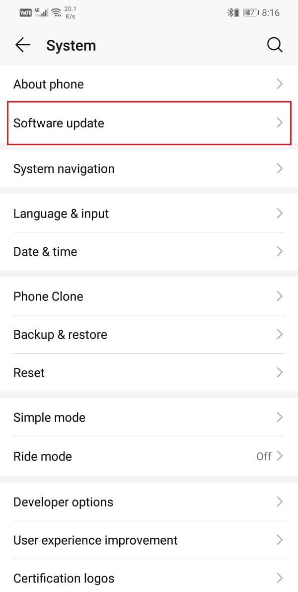 Seleccione la opción Actualización de software |  Arreglar la rotación automática que no funciona en Android