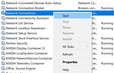 Haga clic derecho en Conexiones de red y luego seleccione Iniciar