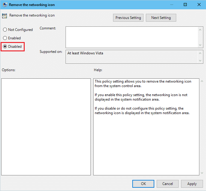 Desactivar Quitar el icono de red |  Arreglar el icono de WiFi que falta en la barra de tareas en Windows 10