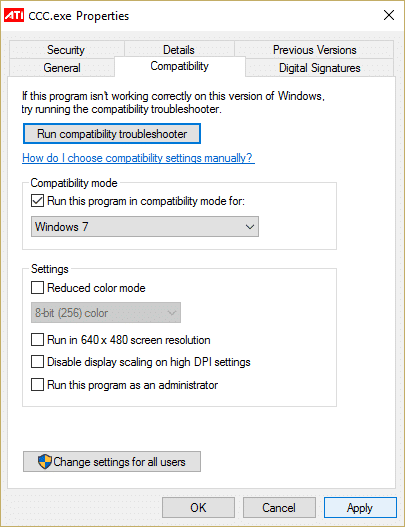 Haga clic derecho en ccc.exe y seleccione ejecutar este programa en modo de compatibilidad para