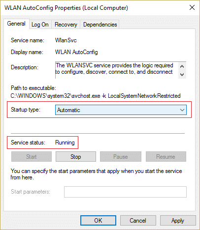 Asegúrese de que el Tipo de inicio esté configurado en Automático y haga clic en Inicio para el Servicio de configuración automática de WLAN