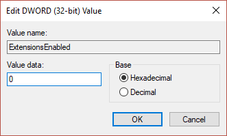 Haga doble clic en ExtensionsEnabled y establezca su valor en 0 en el campo de datos de valor