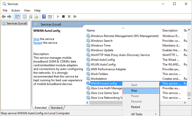 haga clic con el botón derecho en WWAN AutoConfig y seleccione Detener