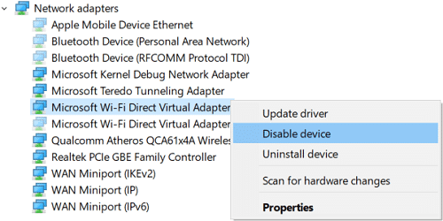 Haga clic con el botón derecho en el adaptador virtual de Wi-Fi Direct de Microsoft y seleccione Deshabilitar