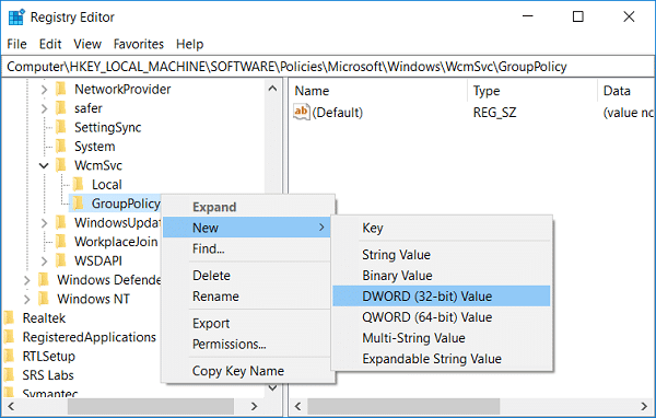 Haga clic con el botón derecho en GroupPolicy y luego seleccione Nuevo y Valor DWORD (32 bits)