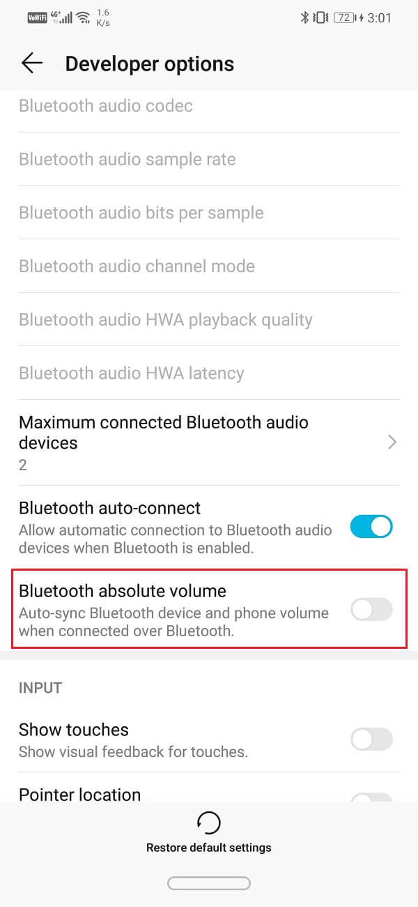 Desplácese hacia abajo hasta la sección Redes y desactive el interruptor para el volumen absoluto de Bluetooth
