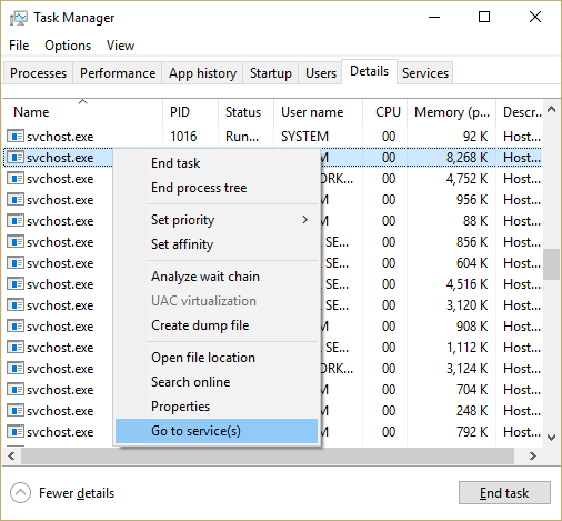 Haga clic derecho en svchost.exe que está causando un uso elevado de la CPU y seleccione Ir a servicio(s)