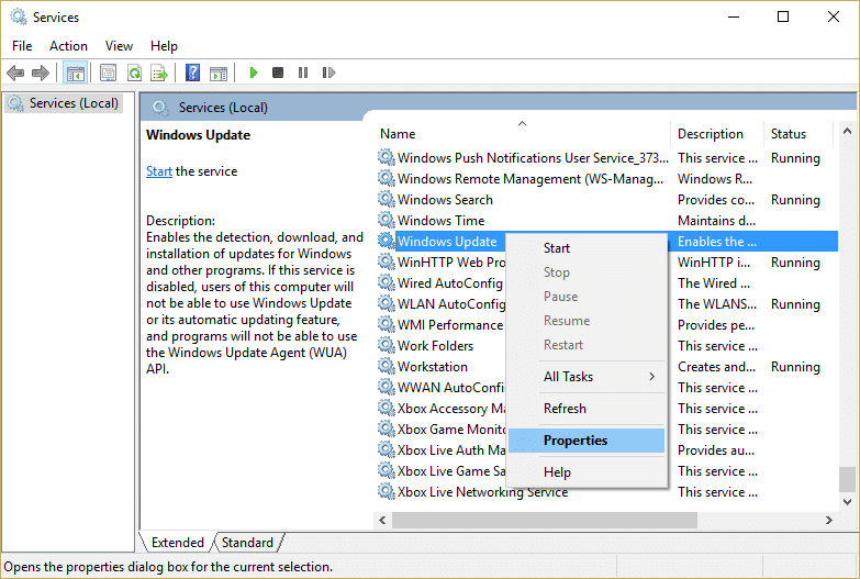 Haga clic con el botón derecho en el servicio de actualización de Windows y seleccione Propiedades en la ventana Servicio