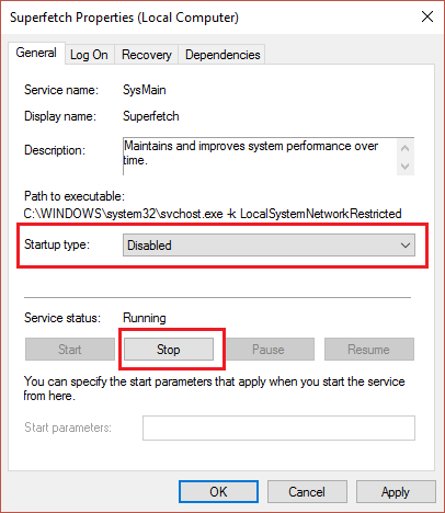 haga clic en detener y luego establezca el tipo de inicio en deshabilitado en las propiedades de superfetch