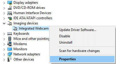 Haga clic derecho en Cámara web integrada y seleccione Propiedades