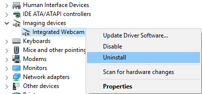 Haga clic derecho en Cámara web integrada y seleccione Desinstalar |  Arreglar la cámara web que no funciona en Windows 10