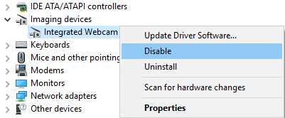 Haga clic derecho en Cámara web integrada y seleccione Desactivar |  Arreglar la cámara web que no funciona en Windows 10