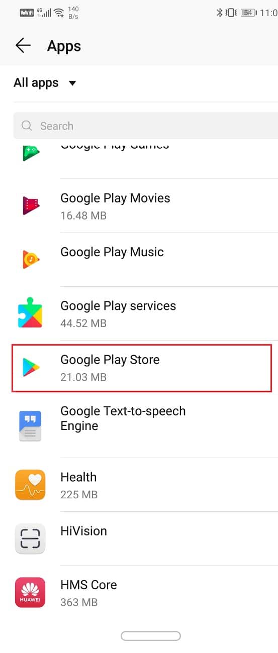 Seleccione Google Play Store de la lista de aplicaciones