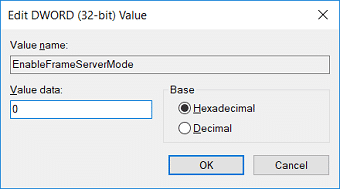 Cambie el valor de EnableFrameServerMode a 0