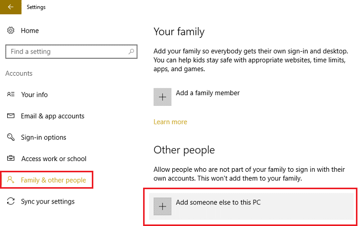 Familia y otras personas, luego haga clic en Agregar a otra persona a esta PC