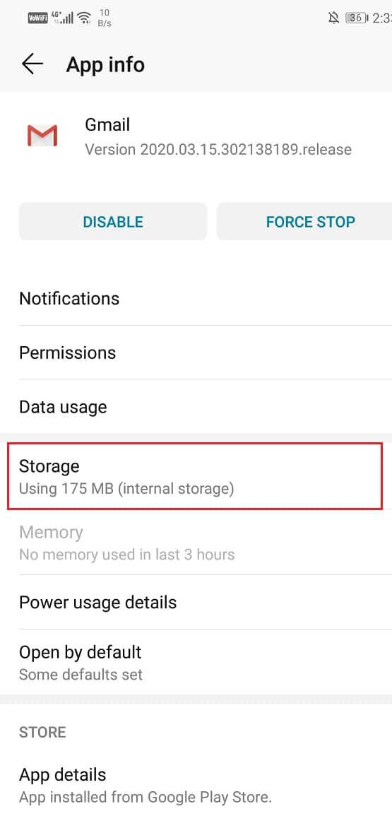 Haga clic en la opción Almacenamiento |  Arreglar Gmail que no envía correos electrónicos en Android