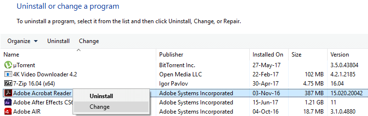 haga clic derecho en Adobe Acrobat Reader y seleccione Cambiar