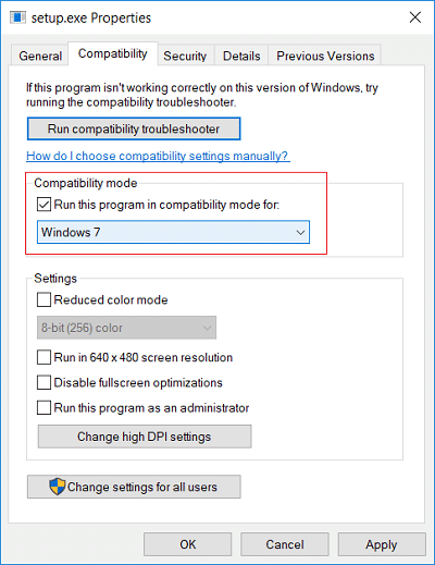 Marque Ejecutar este programa en modo de compatibilidad para luego seleccionar su versión anterior de Windows