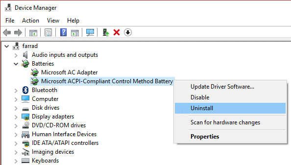 desinstalar la batería del método de control compatible con ACPI de Microsoft