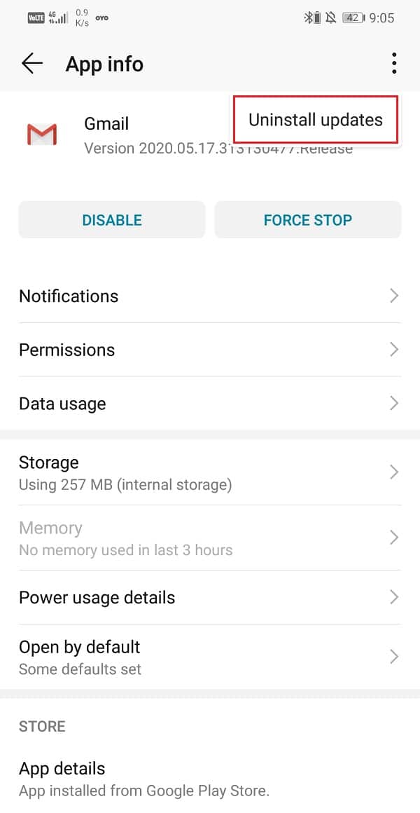 Toque el botón de desinstalar actualizaciones |  Arreglar Gmail que no envía correos electrónicos en Android