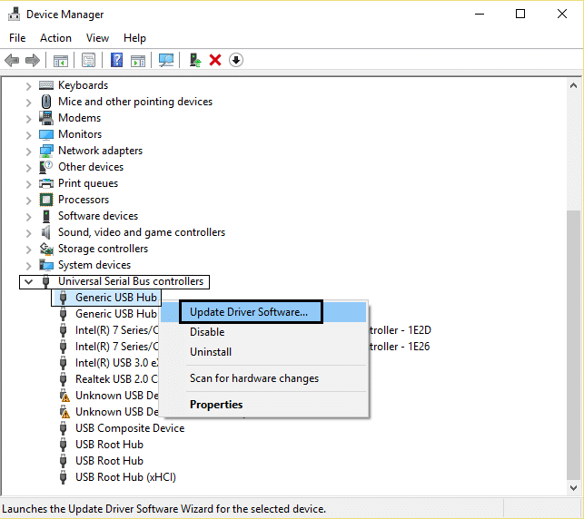 Software de controlador de actualización de concentrador USB genérico |  Los puertos USB no funcionan en Windows 10 [SOLVED]