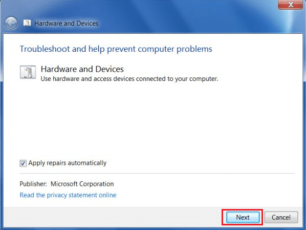 Haga clic en el botón Siguiente que estará en la parte inferior de la pantalla para ejecutar el solucionador de problemas de hardware y dispositivos.