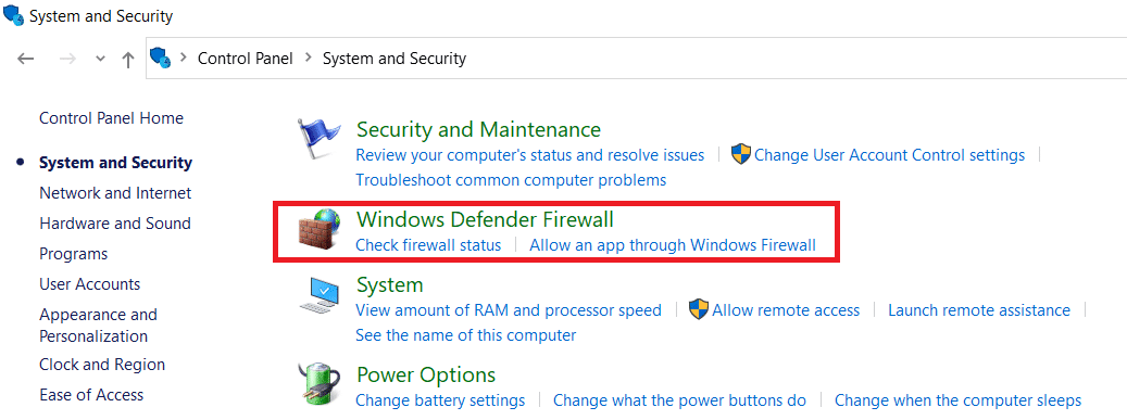 Haga clic en Firewall de Windows Defender