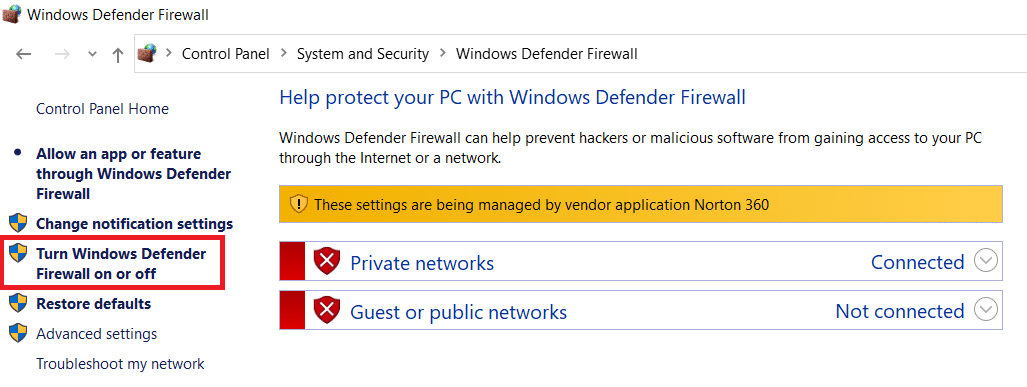 Haga clic en Activar o desactivar Firewall de Windows en el panel izquierdo