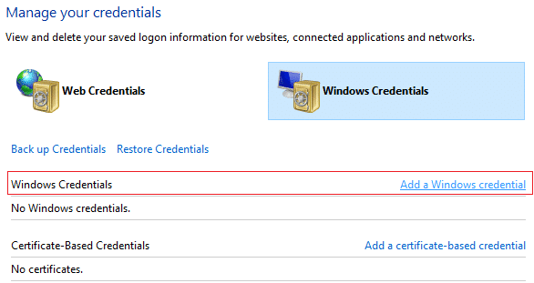 Seleccione Credenciales de Windows y luego haga clic en Agregar una credencial de Windows