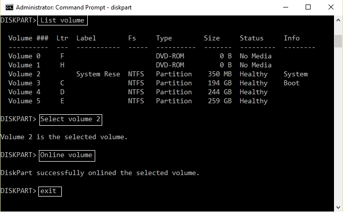 comando diskpart para hacer un disco en línea 