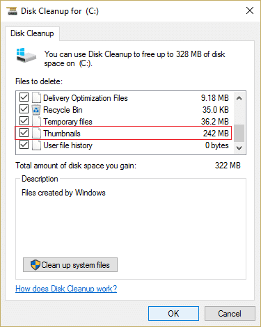 Marque Miniaturas de la lista y haga clic en Limpiar archivos del sistema |  Arreglar vistas previas en miniatura que no se muestran en Windows 10