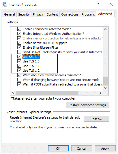 configuración de seguridad para las propiedades de Internet