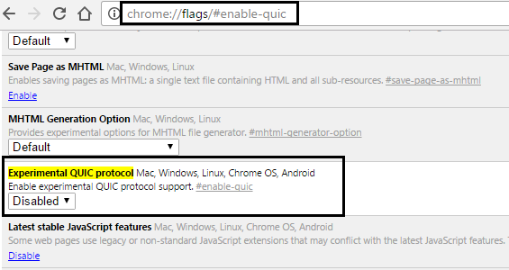 Protocolo QUIC experimental deshabilitado en la bandera de Chrome