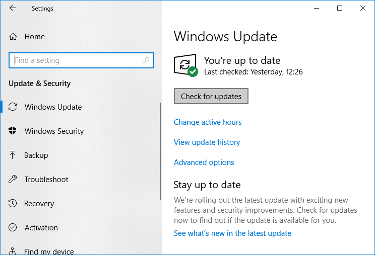 Buscar actualizaciones de Windows |  Solucionar error de controlador de dispositivo de hilo atascado en Windows 10