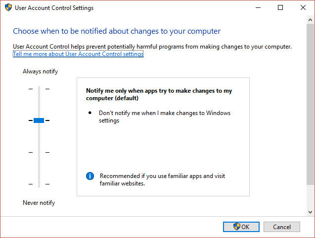 Mueva el control deslizante hacia arriba o hacia abajo para elegir cuándo recibir notificaciones sobre cambios en su computadora