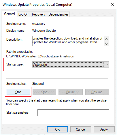 asegúrese de que el servicio de actualización de Windows esté configurado en Automático y haga clic en Iniciar