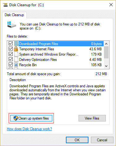 haga clic en Limpiar archivos del sistema en la parte inferior bajo Descripción |  Solucionar el error 0x8007000e Evitar copias de seguridad