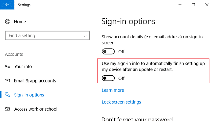 Deshabilite la opción Usar mi información de inicio de sesión para finalizar automáticamente la configuración de mi dispositivo después de una actualización o reinicio