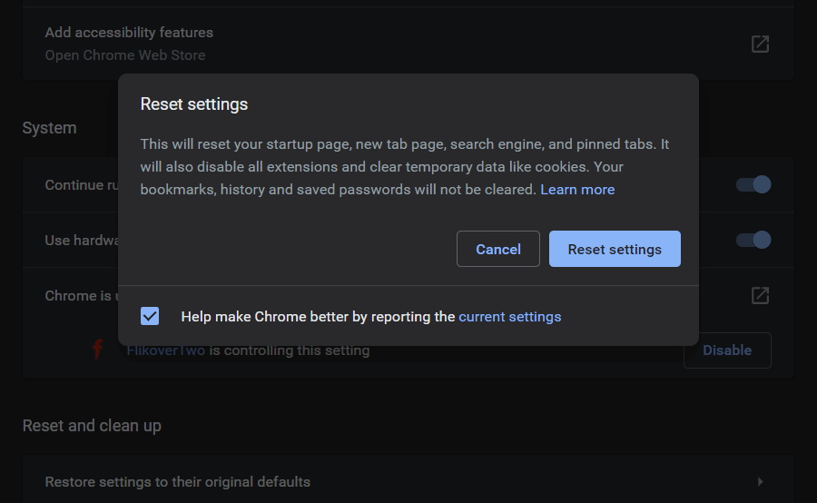 En la ventana Restablecer configuración, haga clic en Restablecer configuración | Arreglar Err_Connection_Closed en Chrome