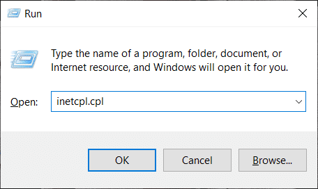 Presione la tecla de Windows + R, luego escriba inetcpl.cpl y haga clic en Aceptar