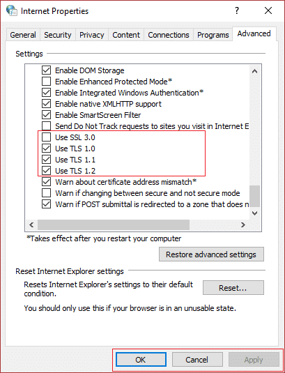 marque Usar TLS 1.0, Usar TLS 1.1 y Usar TLS 1.2